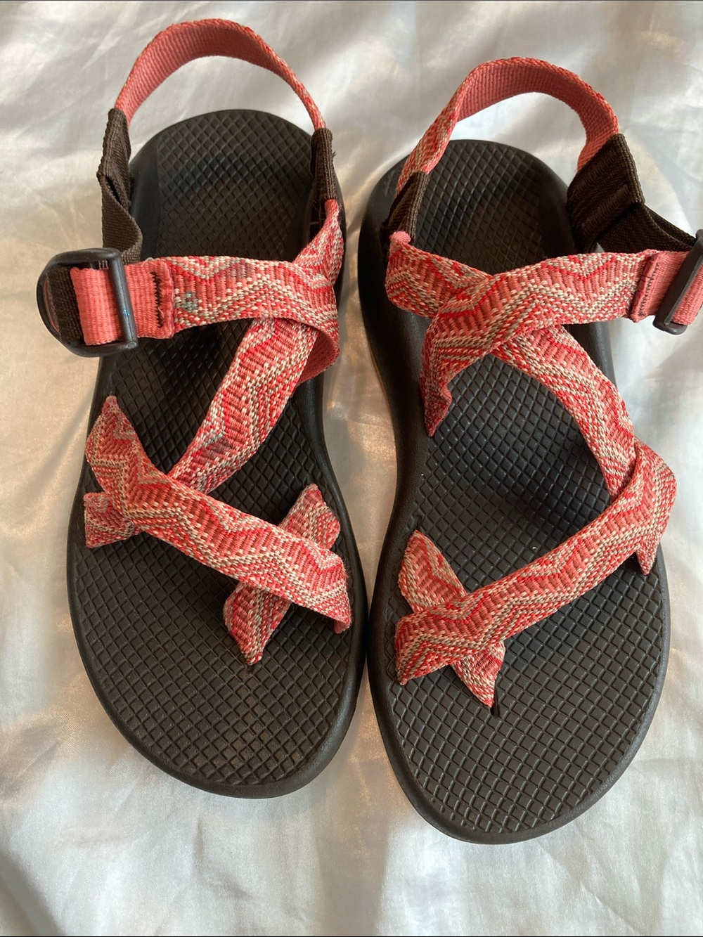 Chaco Coral/Peach Pattern Webbing Sandals with Black Footbed